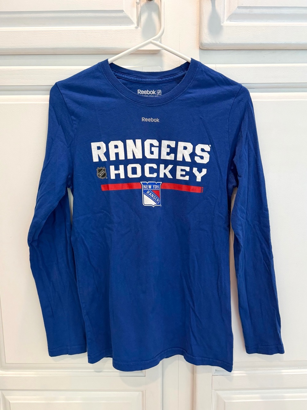 Reebok Youth L 14-16 New York Rangers Shirt Long Sleeve NHL Hockey Center Ice